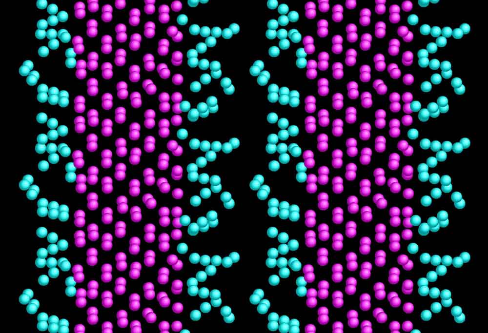 3D Model of laminar silicon, with surface films of liquid nitrogen - one timestep from a CASTEP ab-initio QM MD simulation.